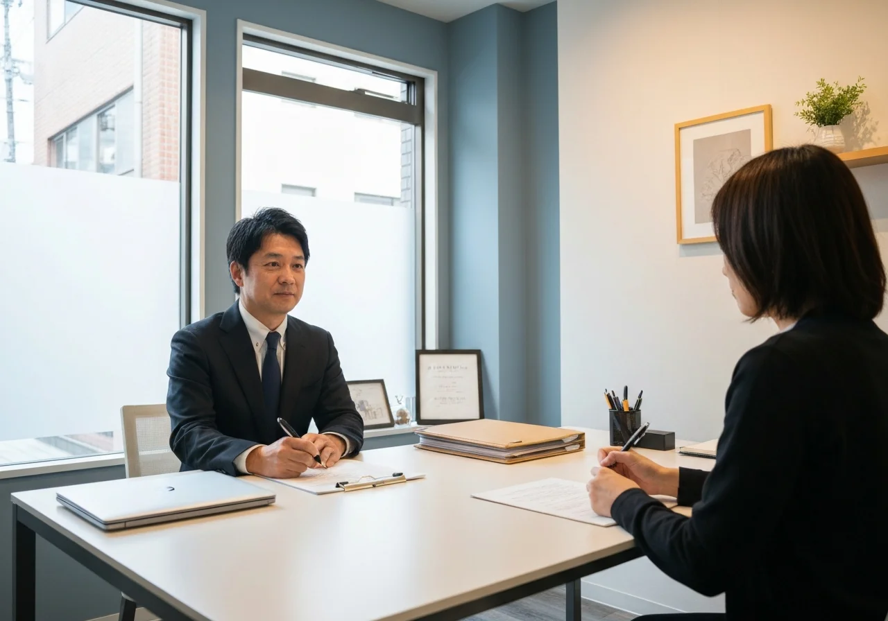 A consultation prepared with investigation materials and a pen neatly arranged on a wooden desk